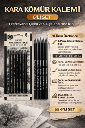 Grafito Kömür Kalemi 6’lı Set - Çizim Kalemi - Füzen Kara Kalem Seti 2H-HB-2B...