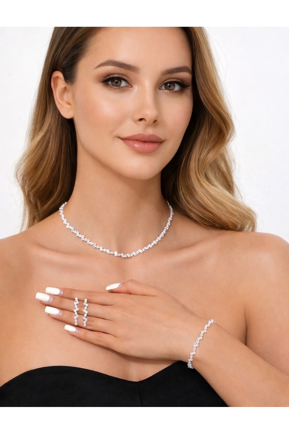 Silver Plated Diamond Gemstone Necklace,Earrings and Bracelet Set of 3 Invitation Wedding Engagement Evening Dress
