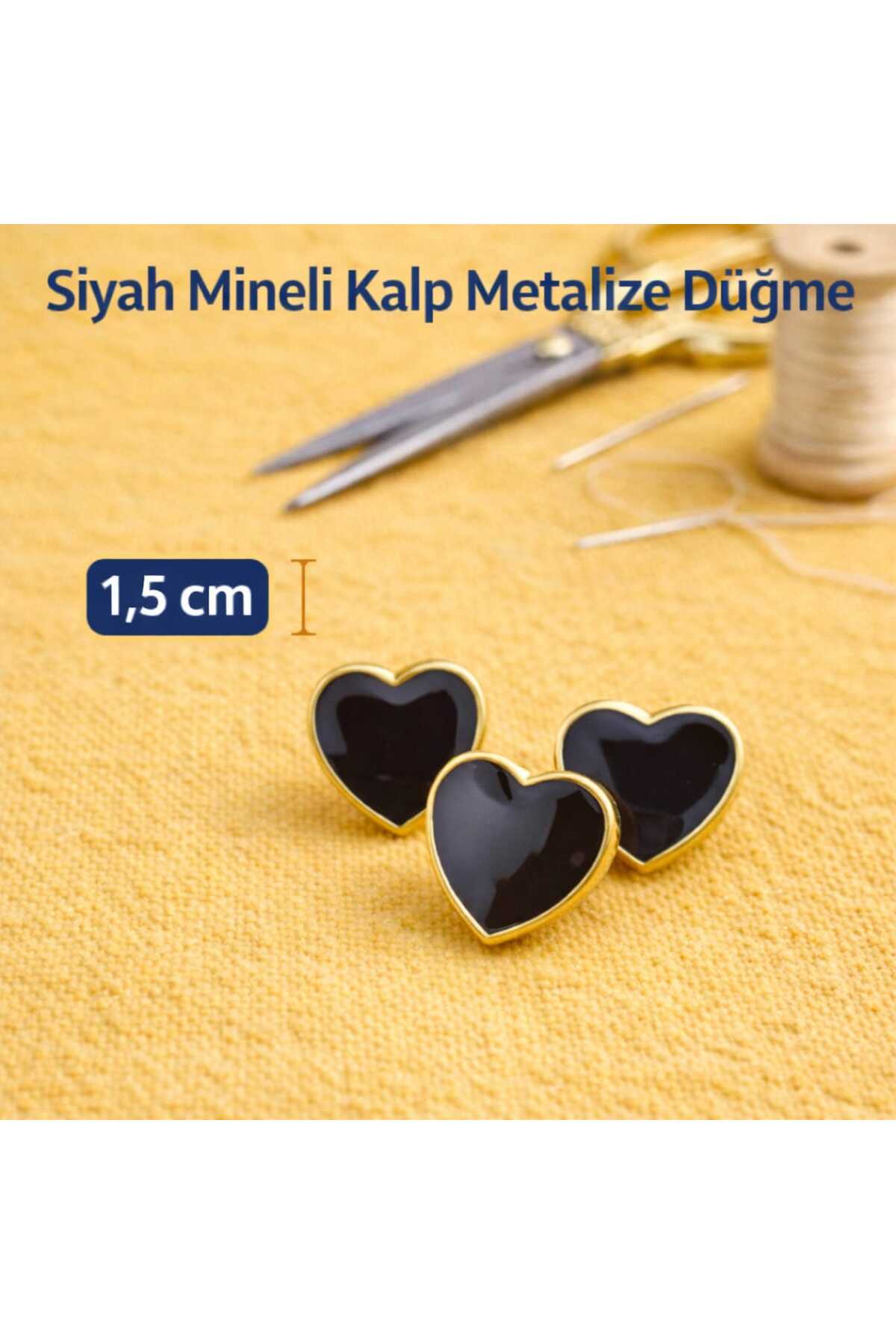 Button Yellow Metallized Middle Black Enameled Heart Shaped Bottom Footed 1.5 Cm 1 Pack 10 Pieces