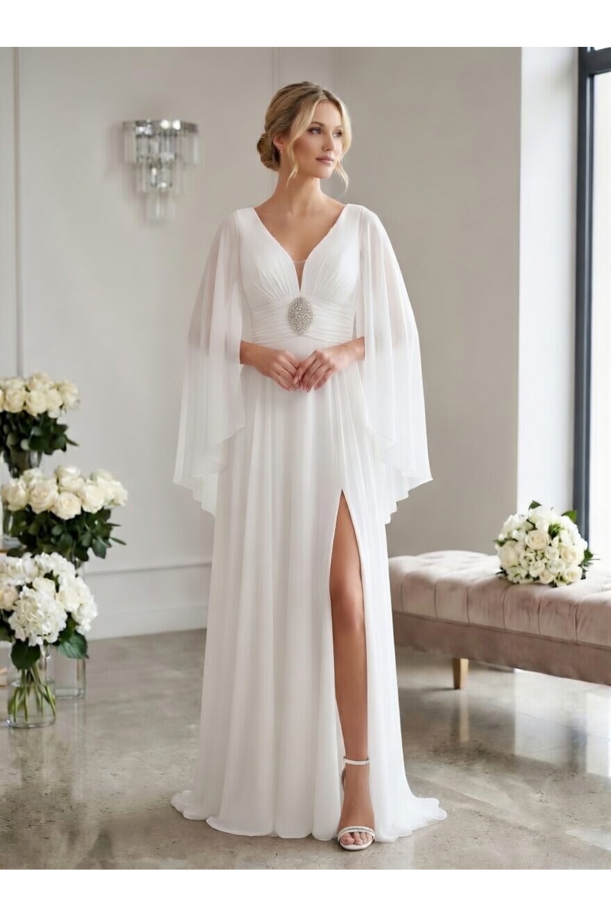 FaBe Fashion PELERİN KOLLU BELİ TAŞ AKSESUARLI DRAPELİ KALP YAKA BEYAZ ŞİFON Nikah Nişan ve Dış Çekim Elbisesi