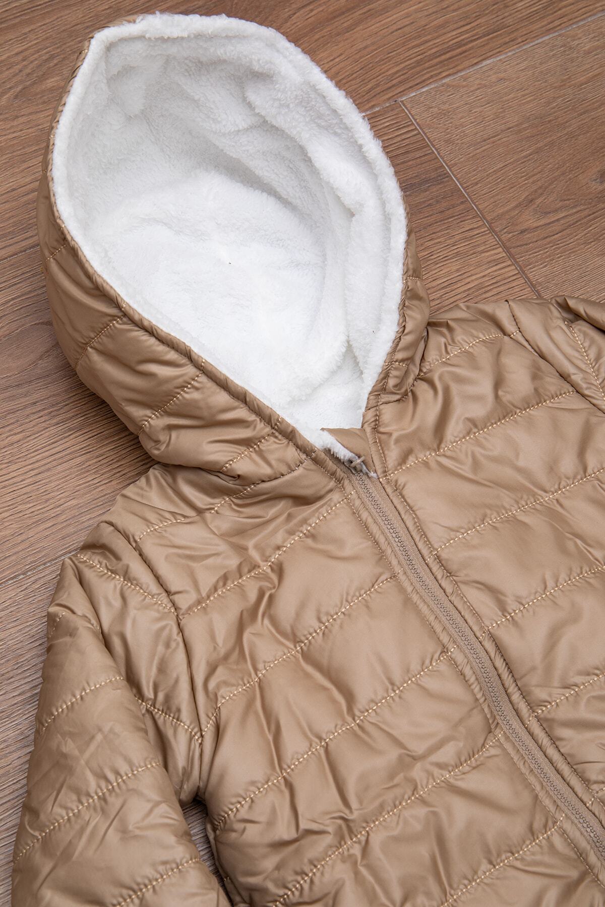 Mika Bebek & Çocuk Dar Kalıp Içi Peluş Kapüşonlu Bej Unisex Bebek Mont fotoğrafı 4 (önizleme)