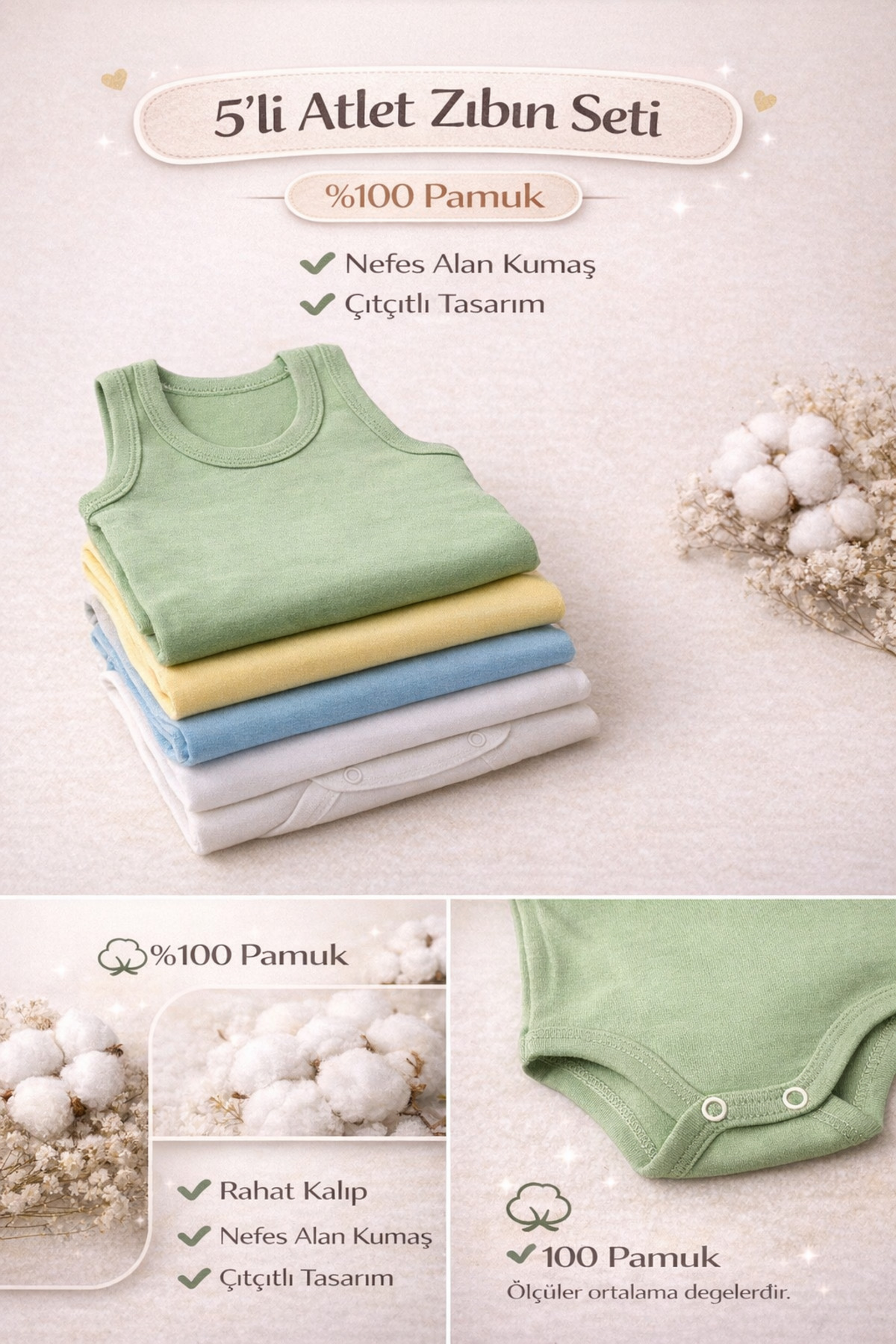 Vivolas %100 Pamuk 5'li Bebek Çıtçıtlı Body Atlet Seti Renkli Zıbın Kız & Erkek 0-4 Yaş fotoğrafı 6 (önizleme)