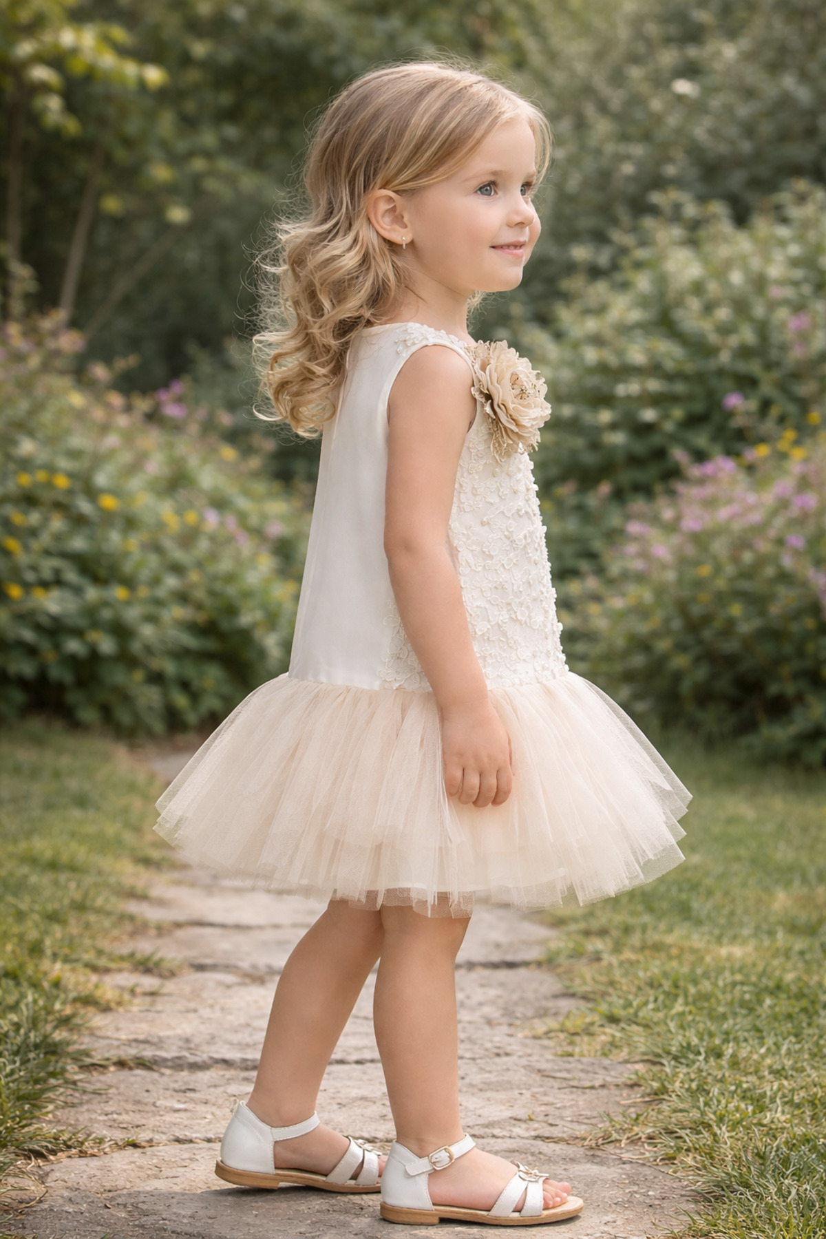 Mika Bebek & Çocuk Kız Çocuk Krem Çiçekli Tüllü Jile Abiye Elbise fotoğrafı 2 (önizleme)