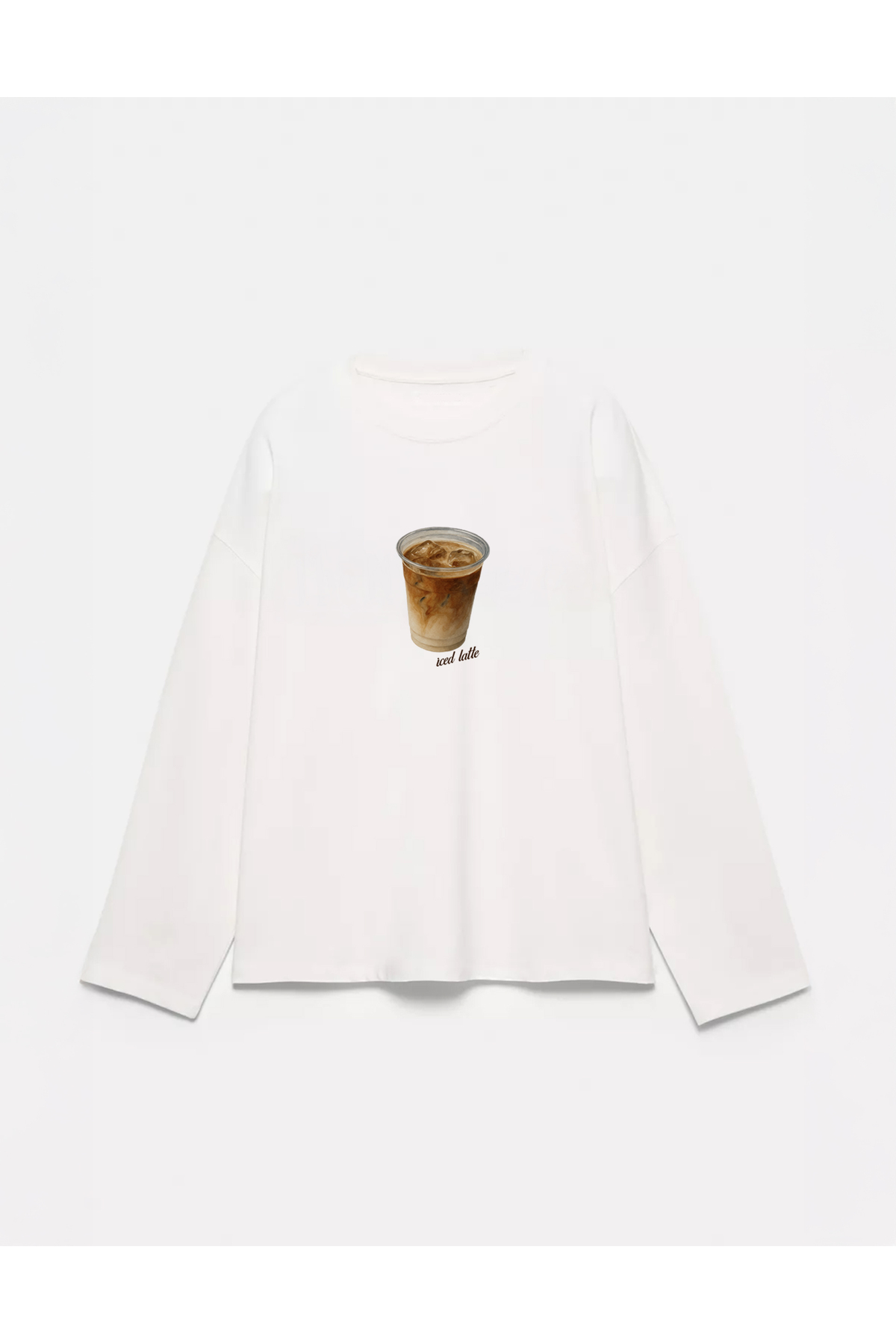 100% Cotton Oversize Fit Iced Latte Printed - Crew Neck Long Sleeve T-shirt