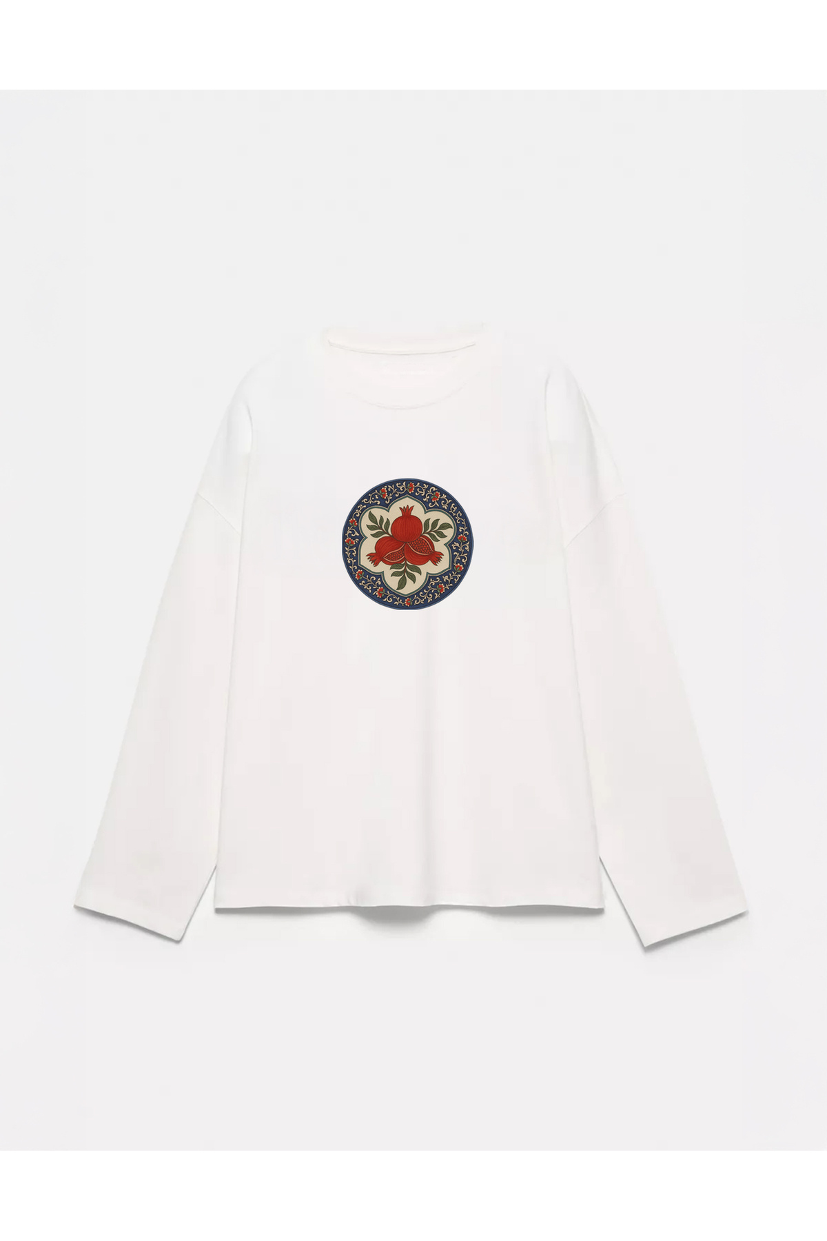 100% Cotton Oversize Fit Pomegranate Motif - Crew Neck Long Sleeve T-shirt