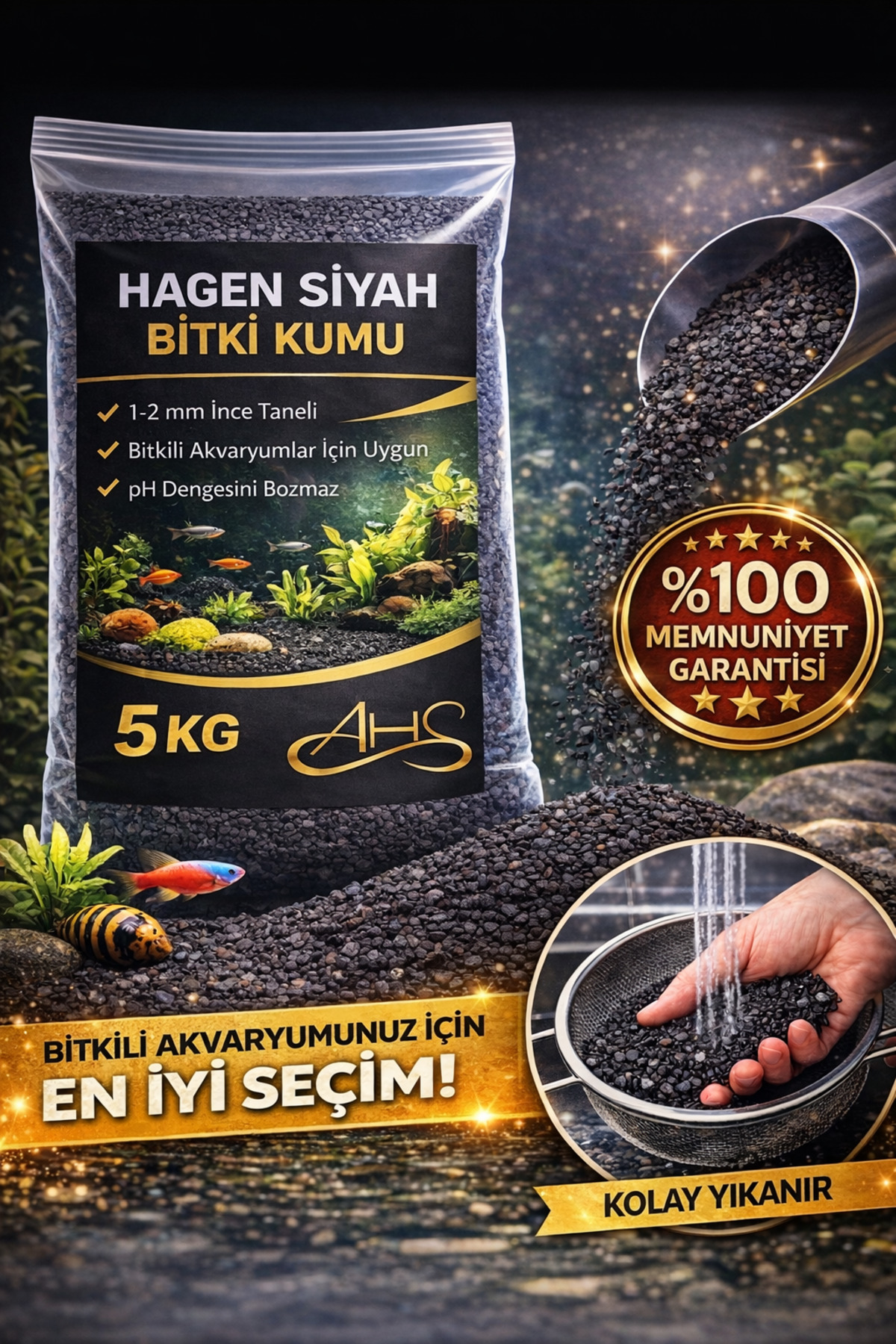 AHS 5 KG Hagen Siyah Bitki Kumu 1–2 mm | Bitkili Akvaryum Taban Kumu | pH Nötr Doğal Kum - Fiyatı, Yorumları