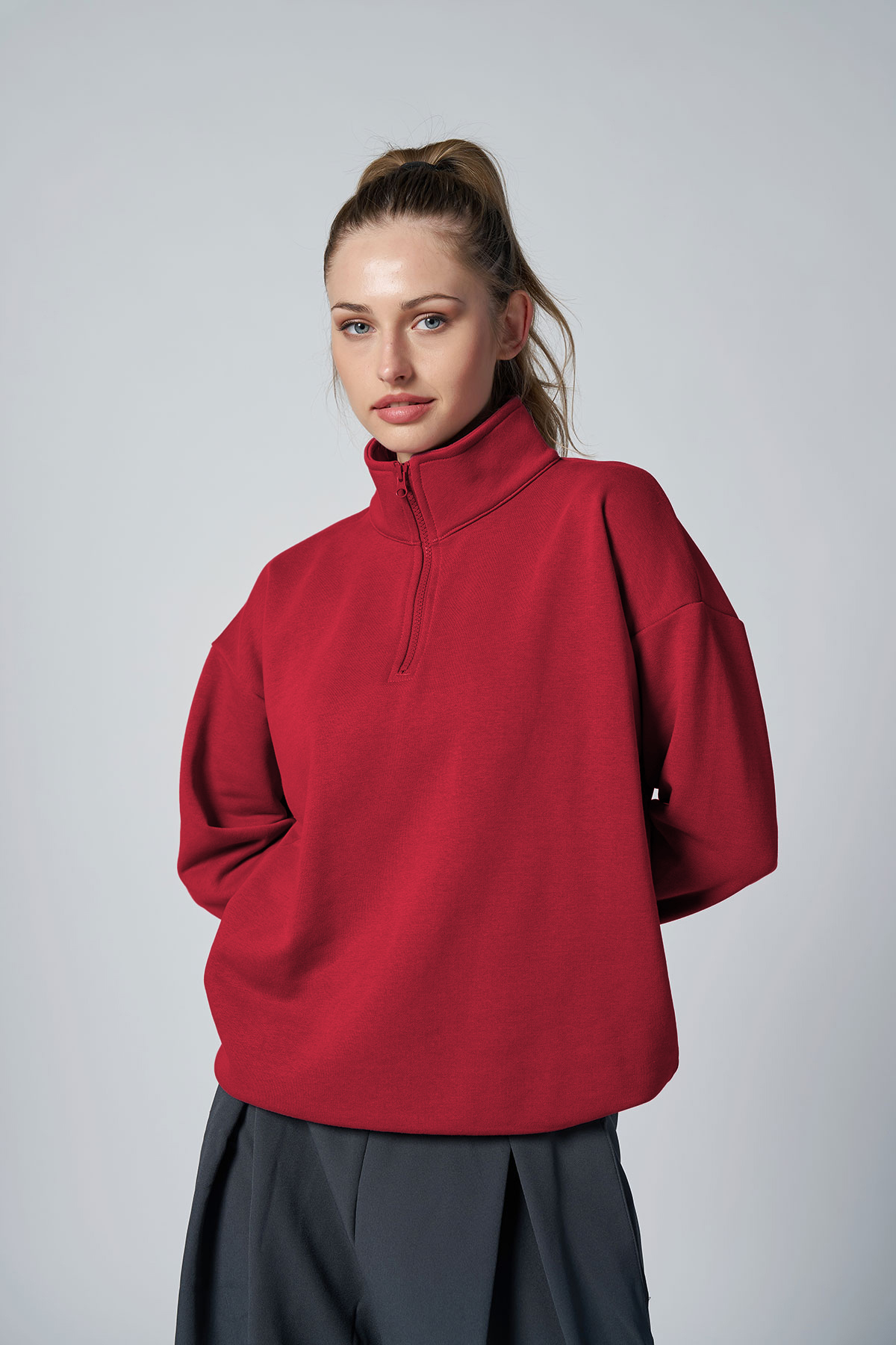 Peak Women's Red Oversized Zippered Neck Sweatshirt 7012