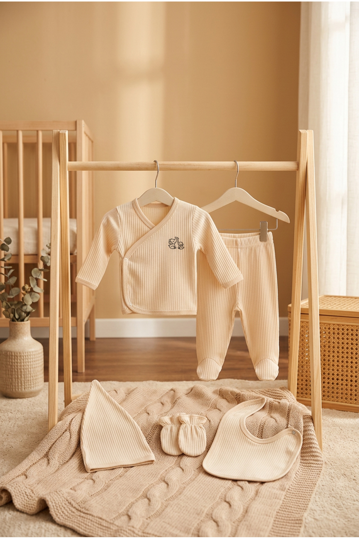 bebeqon 5 Parça Hastane Çıkış Seti Kruvaze Üst Alt Eldiven Şapka Ve Önlük Takımı Organik %100 Pamuk Bej fotoğrafı 2 (önizleme)