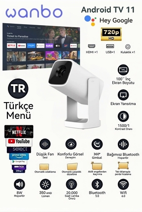 wanbo Cube 1 WiFi ve Bluetooth Özellikli Projektör, Google Sesli Kontrol