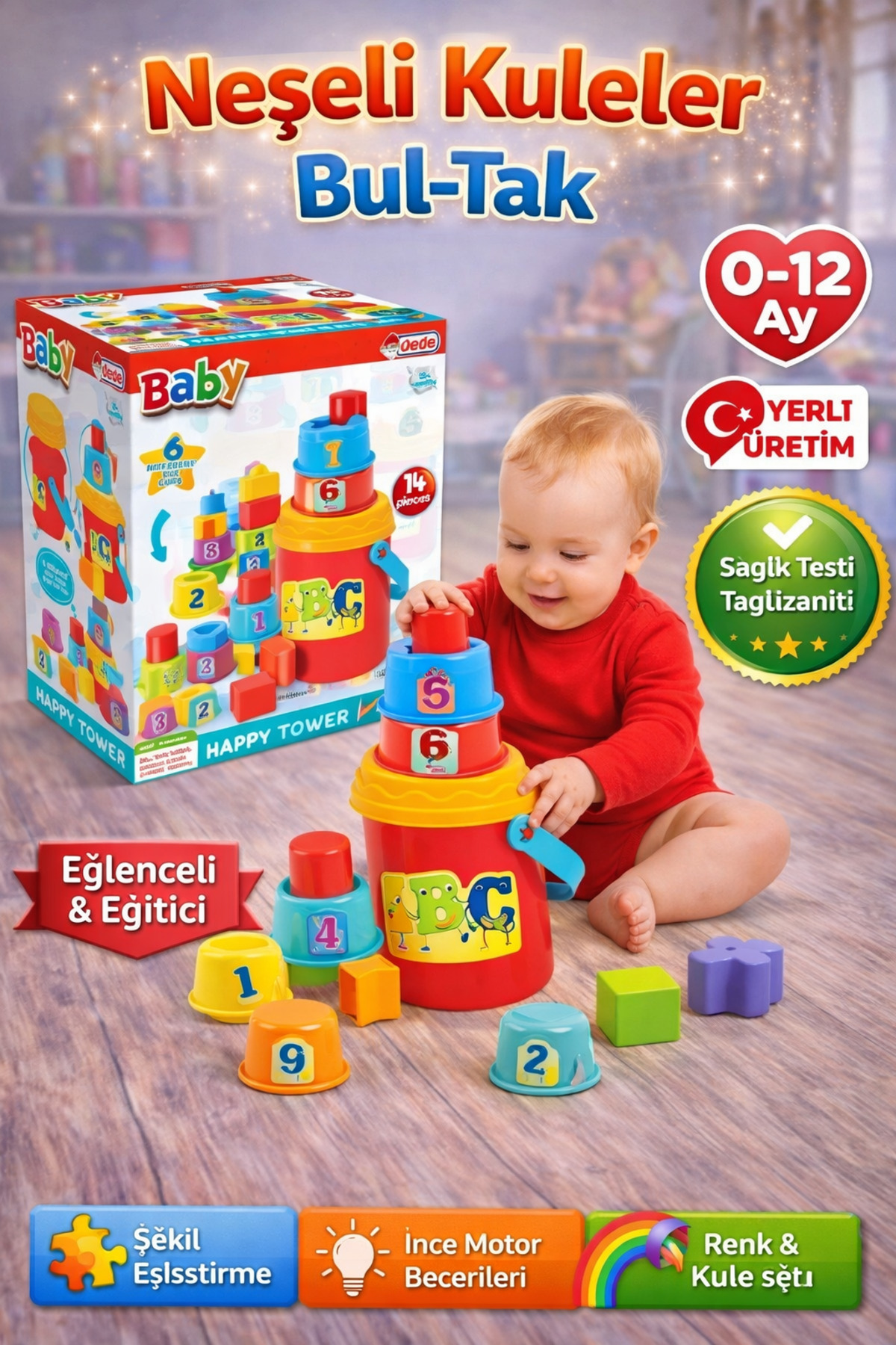 BABYL ミニ銅鑼＆ステッカーセット　箱付き Sayıcı Kids Neşeli Kuleler - Bultak Lego - Eğitici Oyuncak - Motor