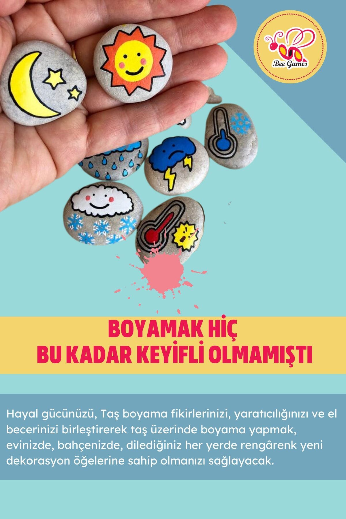 Bee Games Taş Boyama Xl 3 Yaş Üstü Çocuklar Için Zeka Geliştirici 6 Renk Akrilik Boyalı Fırçalı Aktivite Seti fotoğrafı 3 (önizleme)