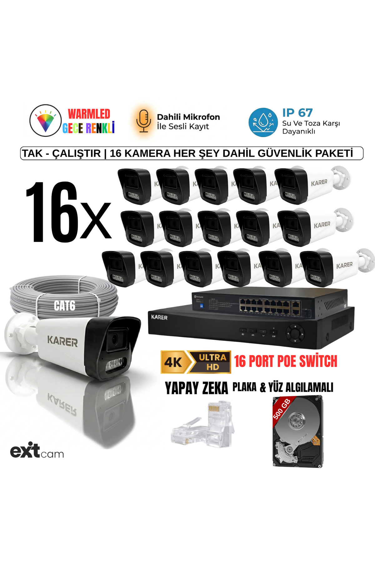 EXİTCAM 16 Kameralı 5MP IP PoE Güvenlik Seti – 16 Kanal NVR, 500 GB HDD, Sesli Kayıt, Renkli Gece Gö