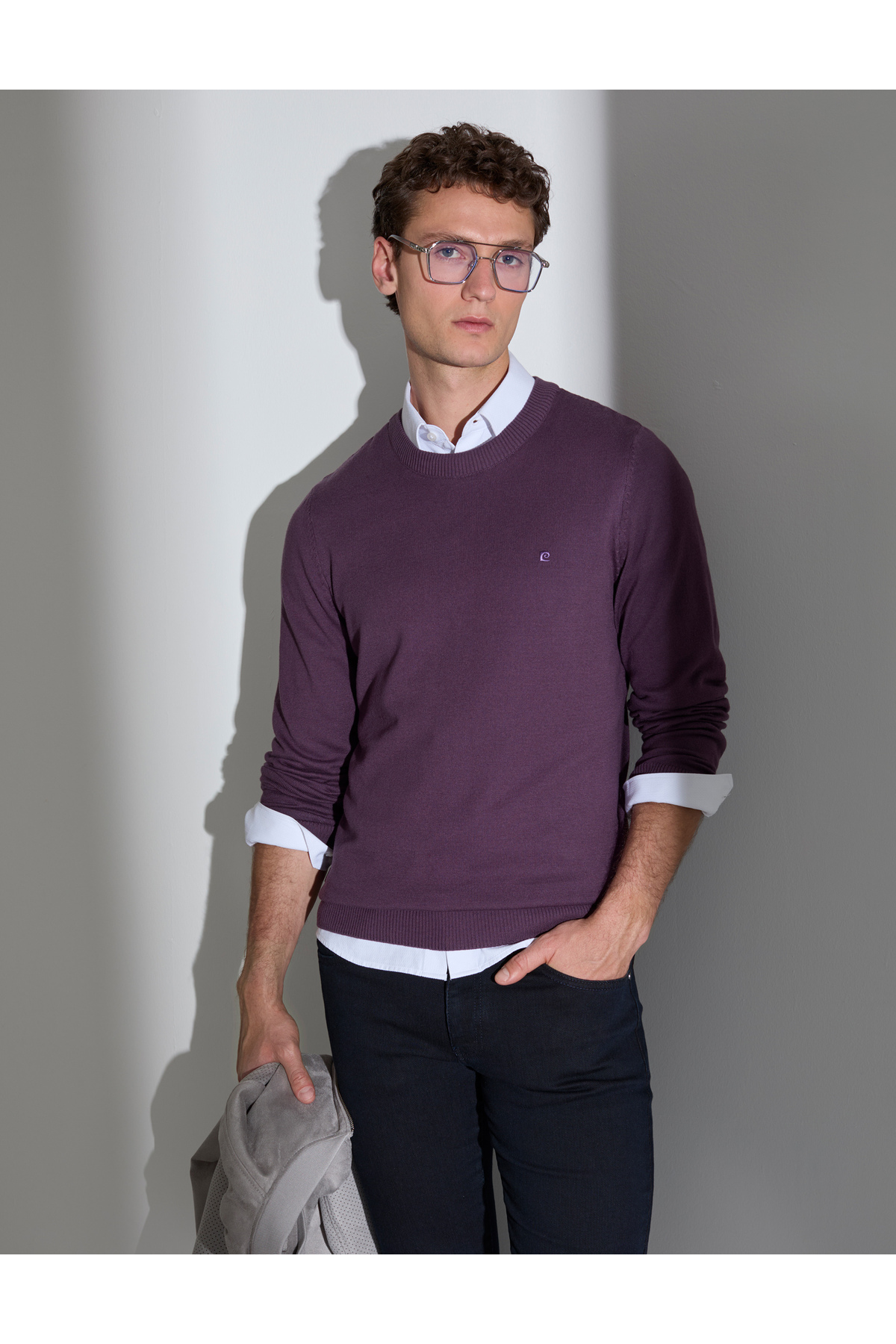 ژاکت بافتنی یقه گرد اسلیم فیت بنفش، کد ۵۰۳۱۴۱۹۲-VR038 پیر کاردین پلیور Pierre Cardin