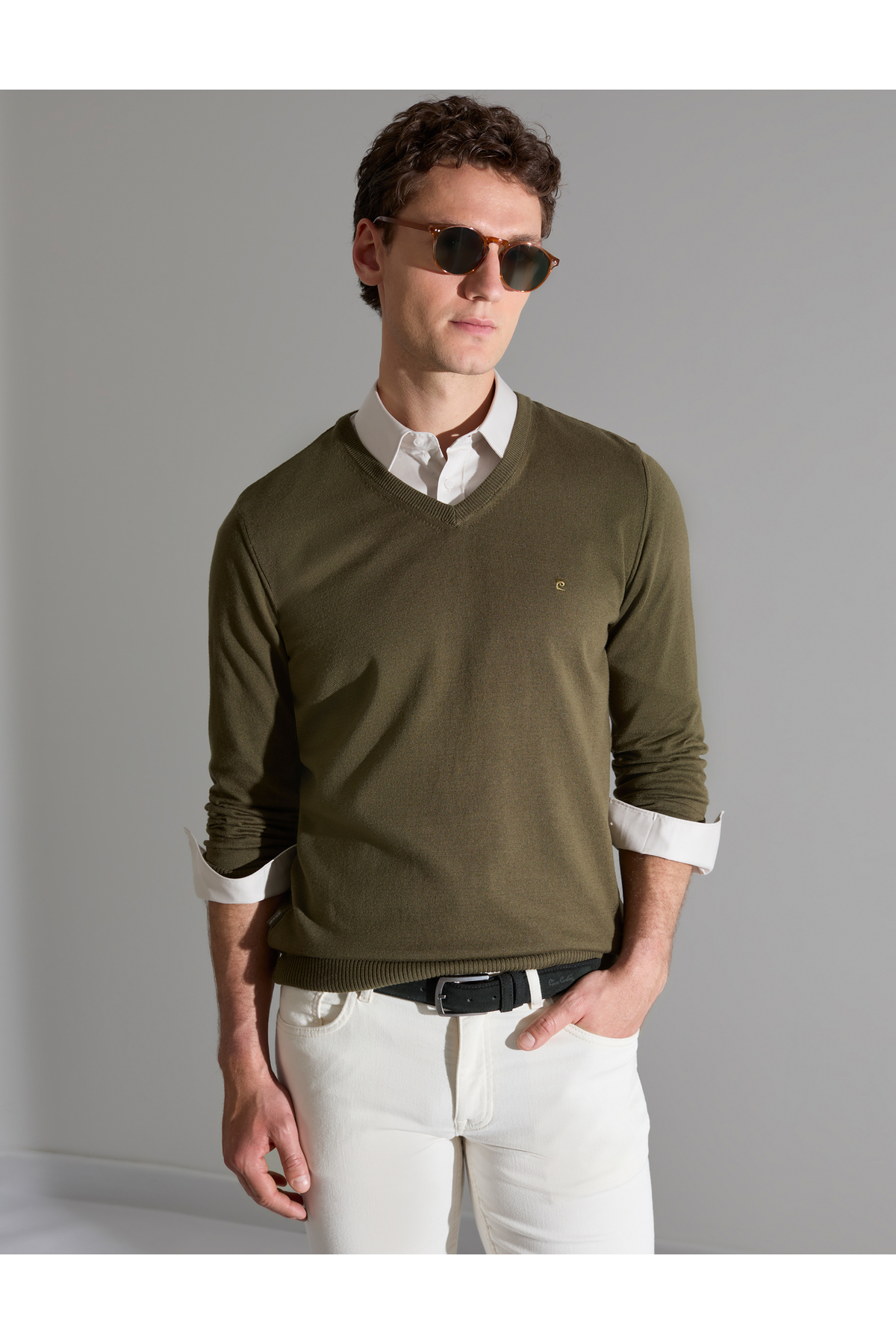 ژاکت بافتنی یقه هفت باریک خاکی تیره 50314190-VR111 پیر کاردین پلیور Pierre Cardin