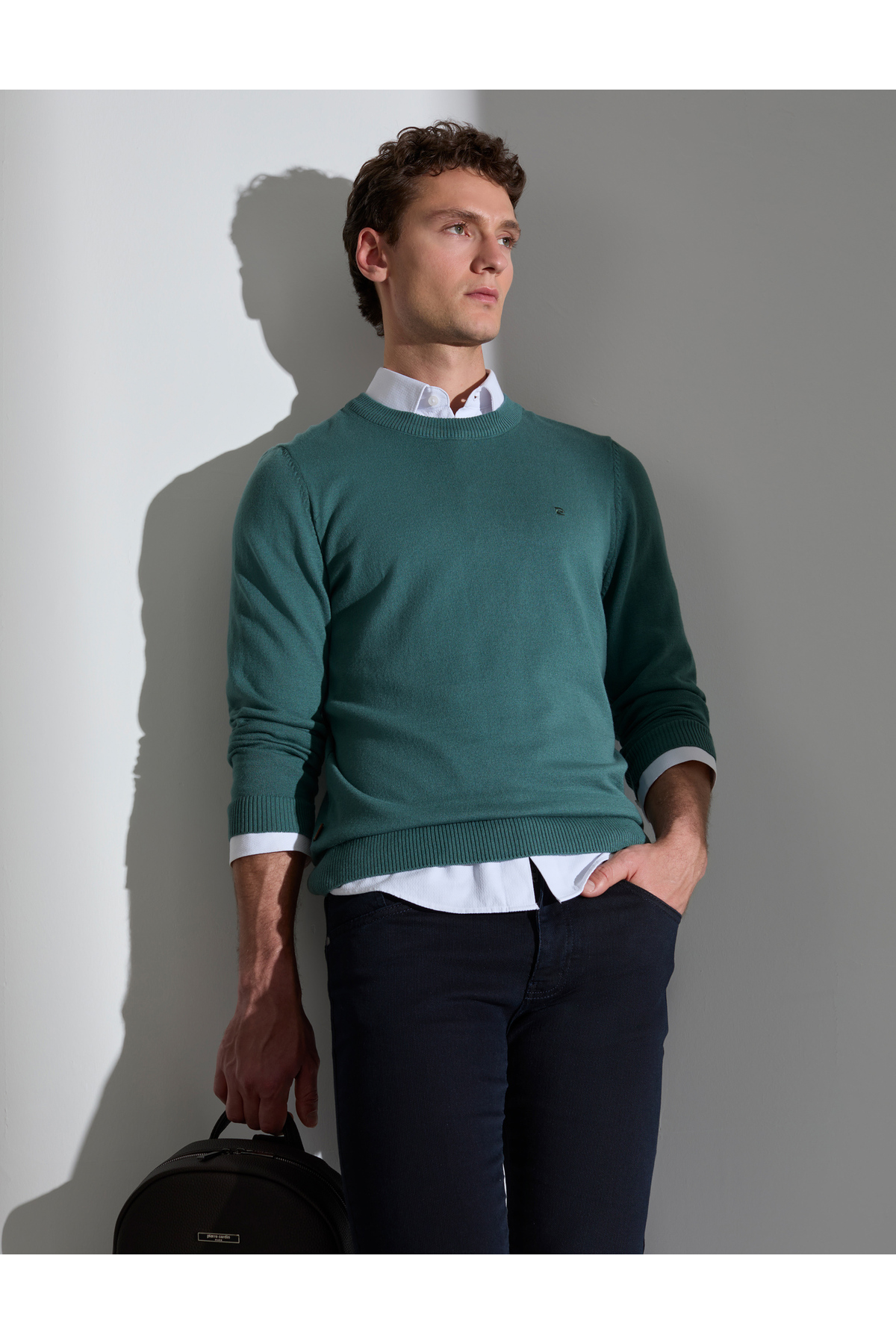 ژاکت بافتنی یقه گرد سبز اسلیم فیت مدل 50314192-VR054 پیر کاردین پلیور Pierre Cardin