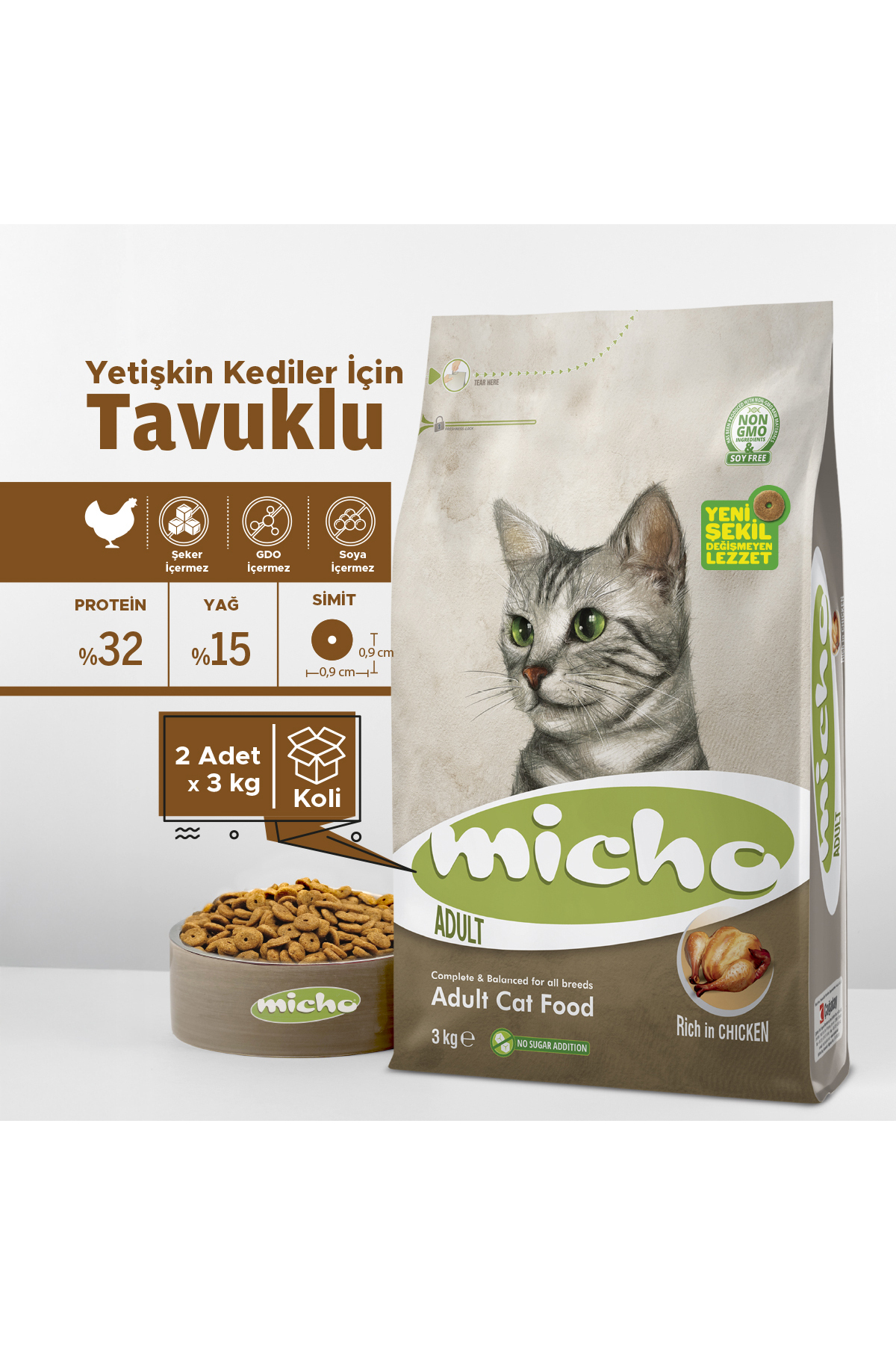 Micho Tavuklu Yetişkin Kedi Maması Orijinal Kapalı Ambalaj 2 Paket X 3 Kg Toplam 6 Kg