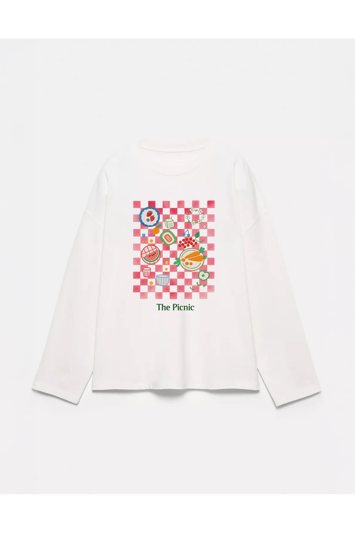 100% Cotton Oversize Fit The picnic Printed - Crew Neck Long Sleeve T-shirt