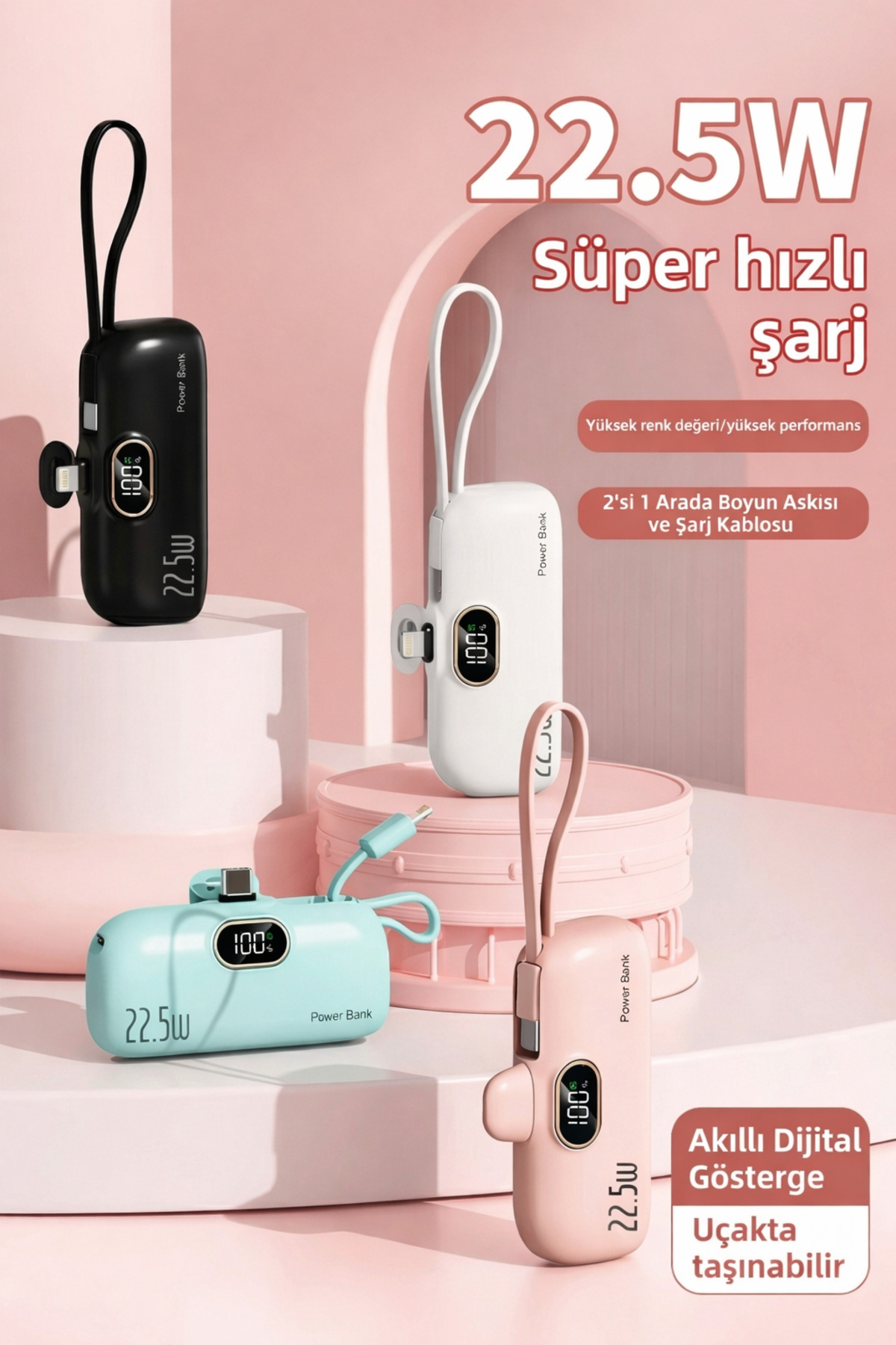 1500mAh Mini Powerbank - Taşınabilir Acil Durum Şarj Cihazı iPhone Lightning ve Type-C Uyumlu