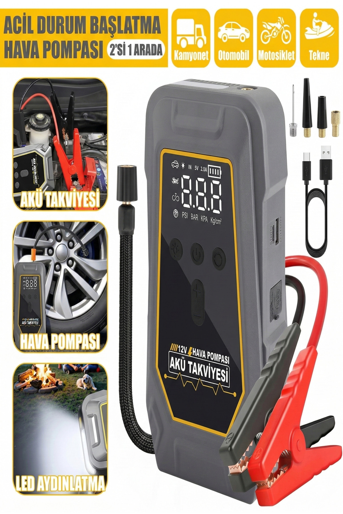 1000 Amper Taşınabilir Araç Akü Takviye Cihazı ve 10.000 Powerbank - 12V Acil Durum Başlatıcı