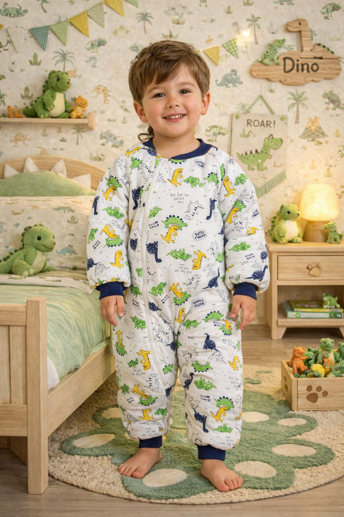 Mika Bebek & Çocuk Lacivert Biyeli Dinozor Desenli Erkek Çocuk Uyku Tulumu fotoğrafı 3 (önizleme)