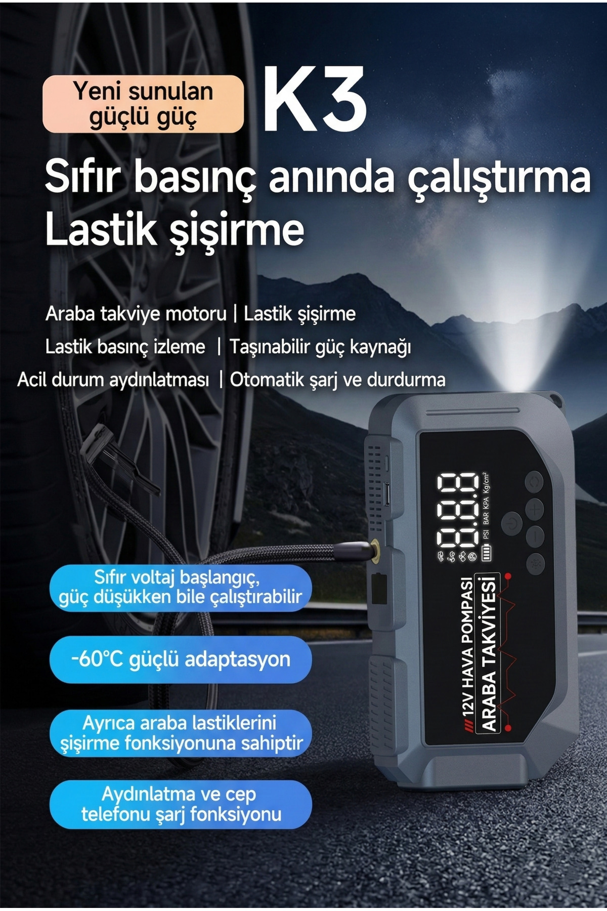 1200 Amper 12V Taşınabilir Akü Takviye Cihazı ve Kompresör - USB Girişli, Fenerli ve Pusulalı