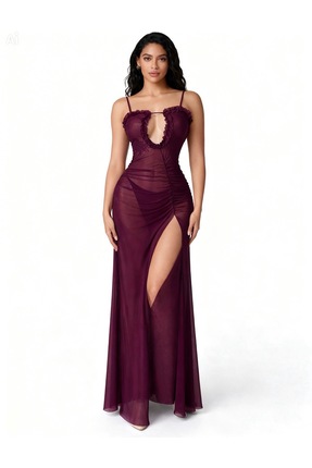 Mores Mor Yırtmaçlı İnce Askılı Şifon Detaylı Gecelik-Tanga Hediyesi