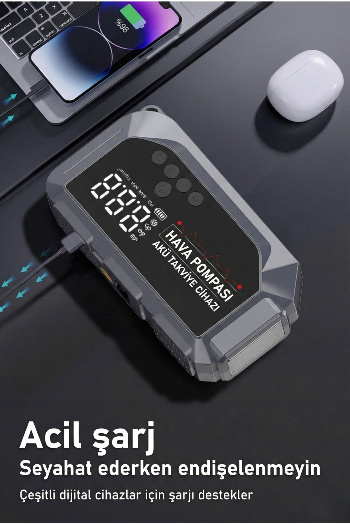 1200 Amper 12V Taşınabilir Akü Takviye Cihazı ve Kompresör - USB Girişli, Fenerli ve Pusulalı