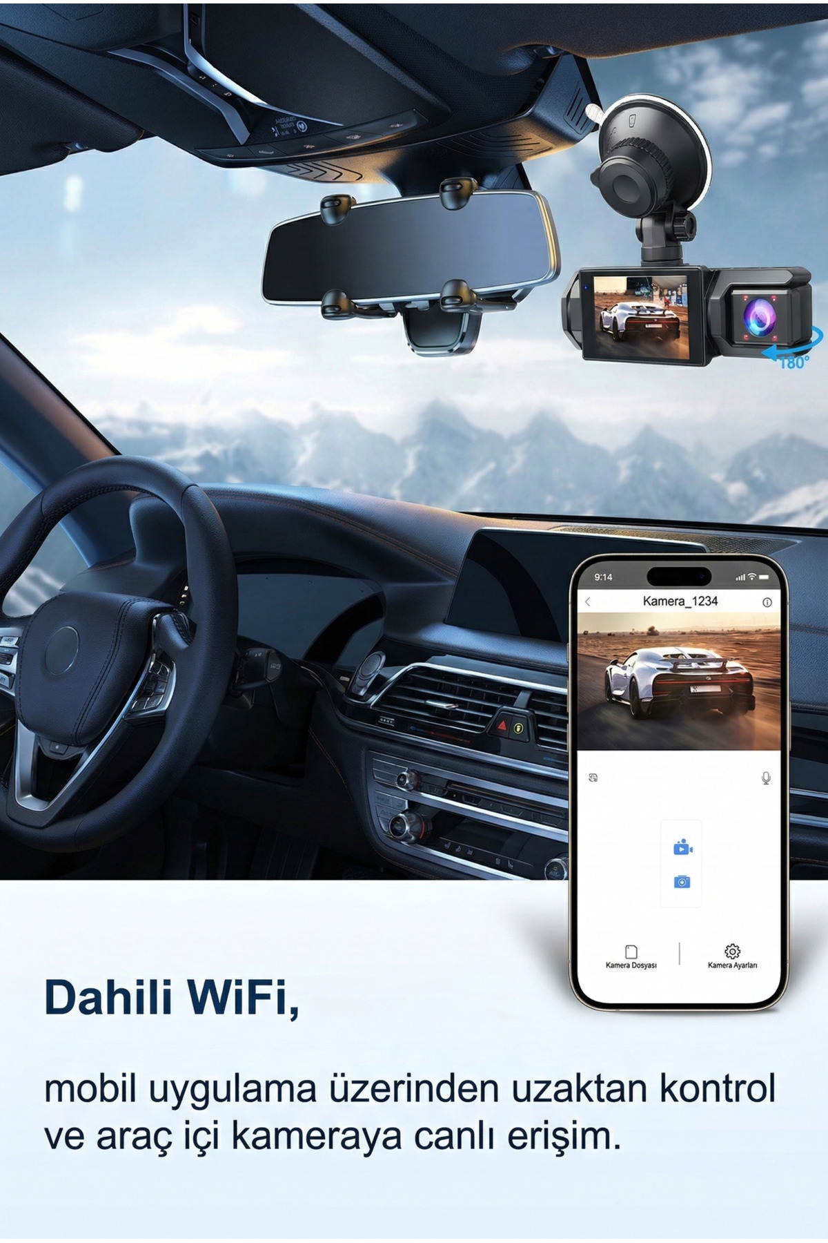 3 Lensli Full HD Wi-Fi Araç İçi Kamera - Ön, İç ve Arka Kamera Kayıtlı Gece Görüşlü Kamera