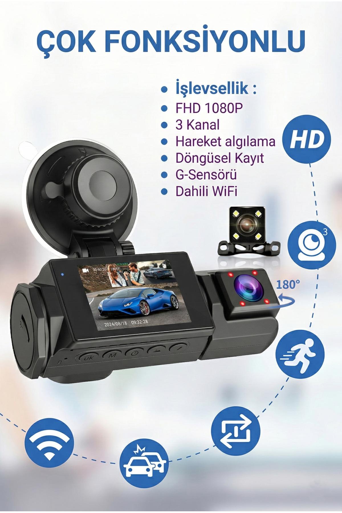 3 Lensli Full HD Wi-Fi Araç İçi Kamera - Ön, İç ve Arka Kamera Kayıtlı Gece Görüşlü Kamera