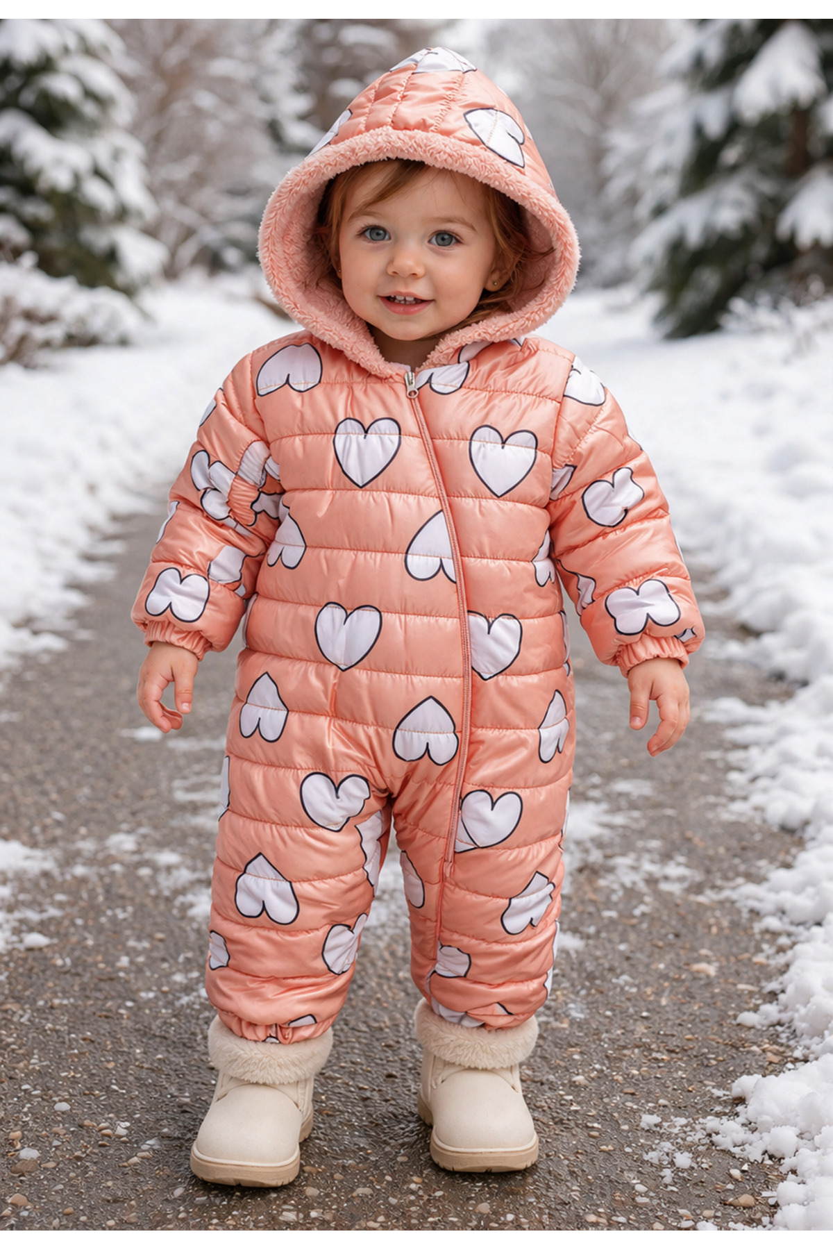 Heart Shaped Furry Hooded Salmon Baby Girl Astronaut Cosmonaut Jumpsuit