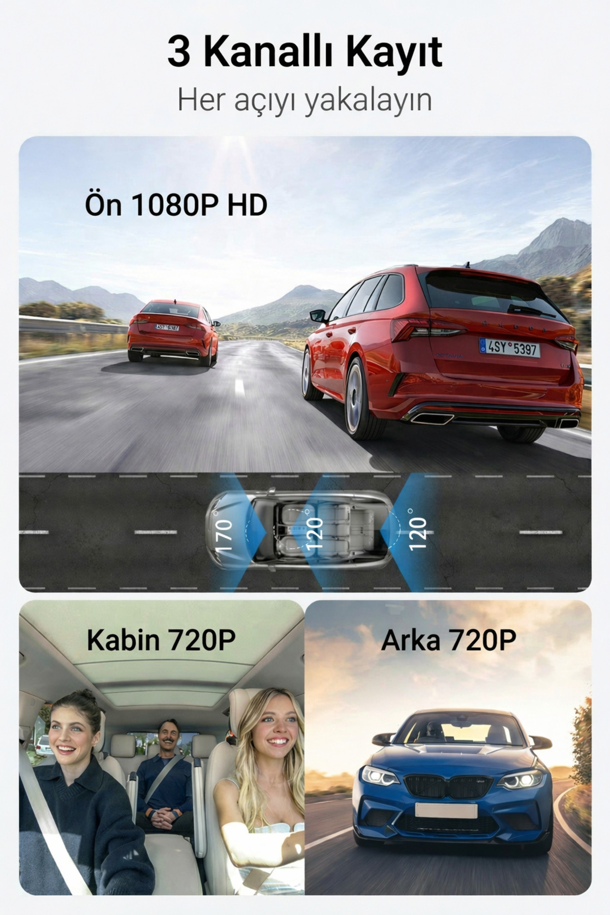 3 Lensli Full HD Wi-Fi Araç İçi Kamera - Ön, İç ve Arka Kamera Kayıtlı Gece Görüşlü Kamera