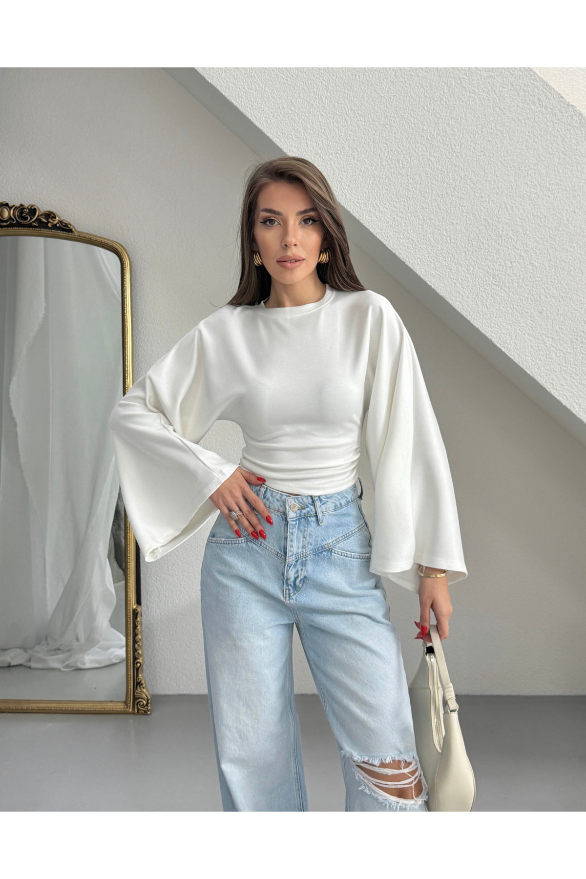 MareandCo  Salaş Kol Bele Oturan Model Bluz -Beyaz - Görsel 7