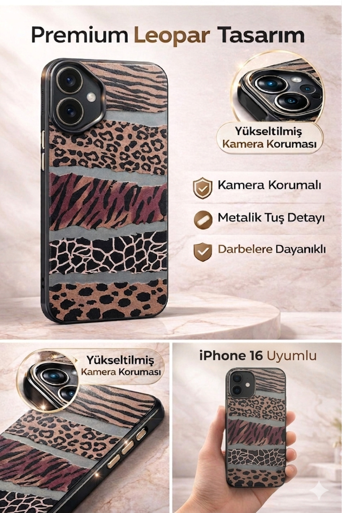 iPhone 16 Uyumlu Kılıf Leopar Desenli Kahverengi Çizgili Metalik Tuşlu Kamera Kenar Çıkıntılı Kapak
