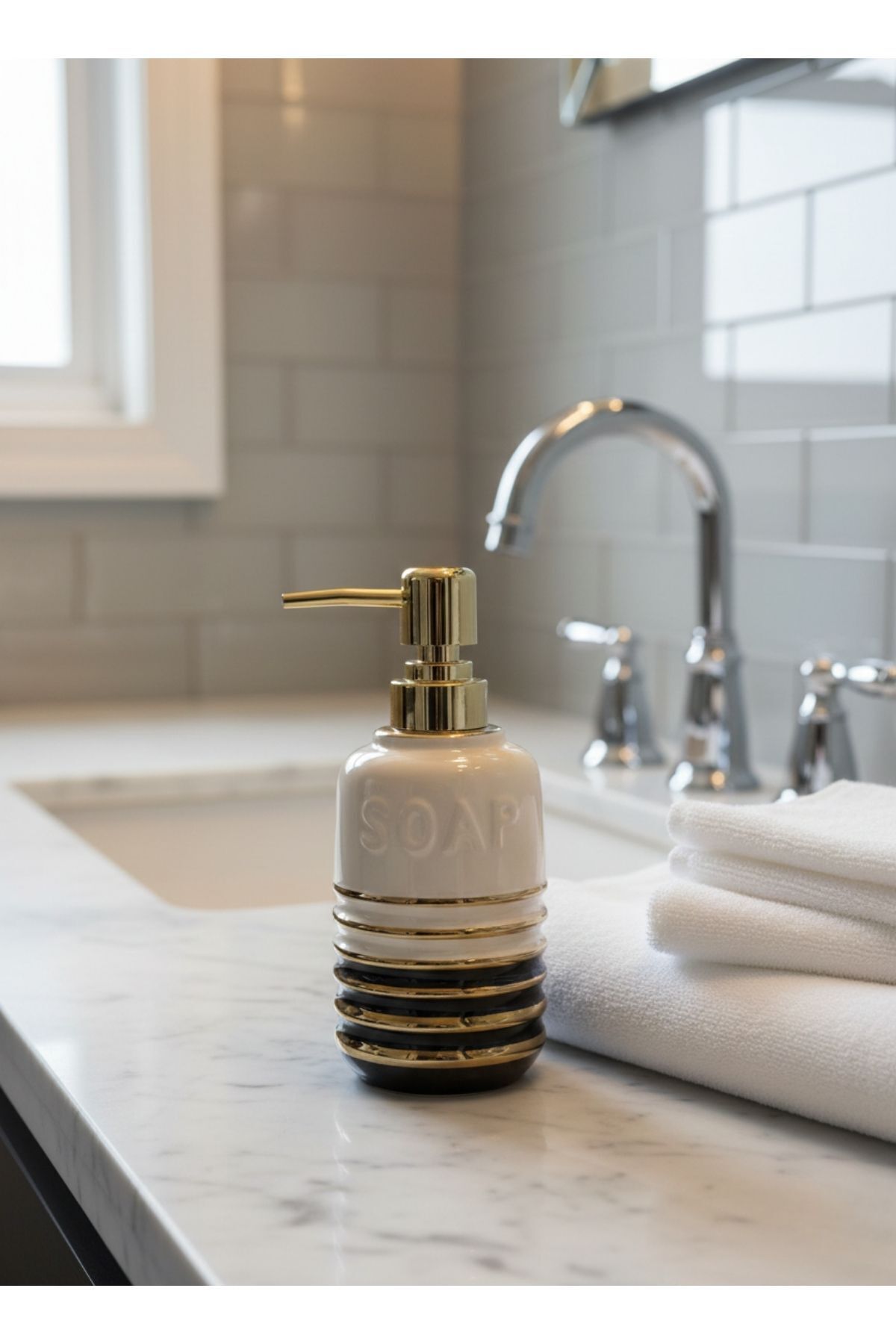 Lumina Gold Luxury Porcelain Liquid Soap Dispenser - Bathroom Accessory with Gold Stripes