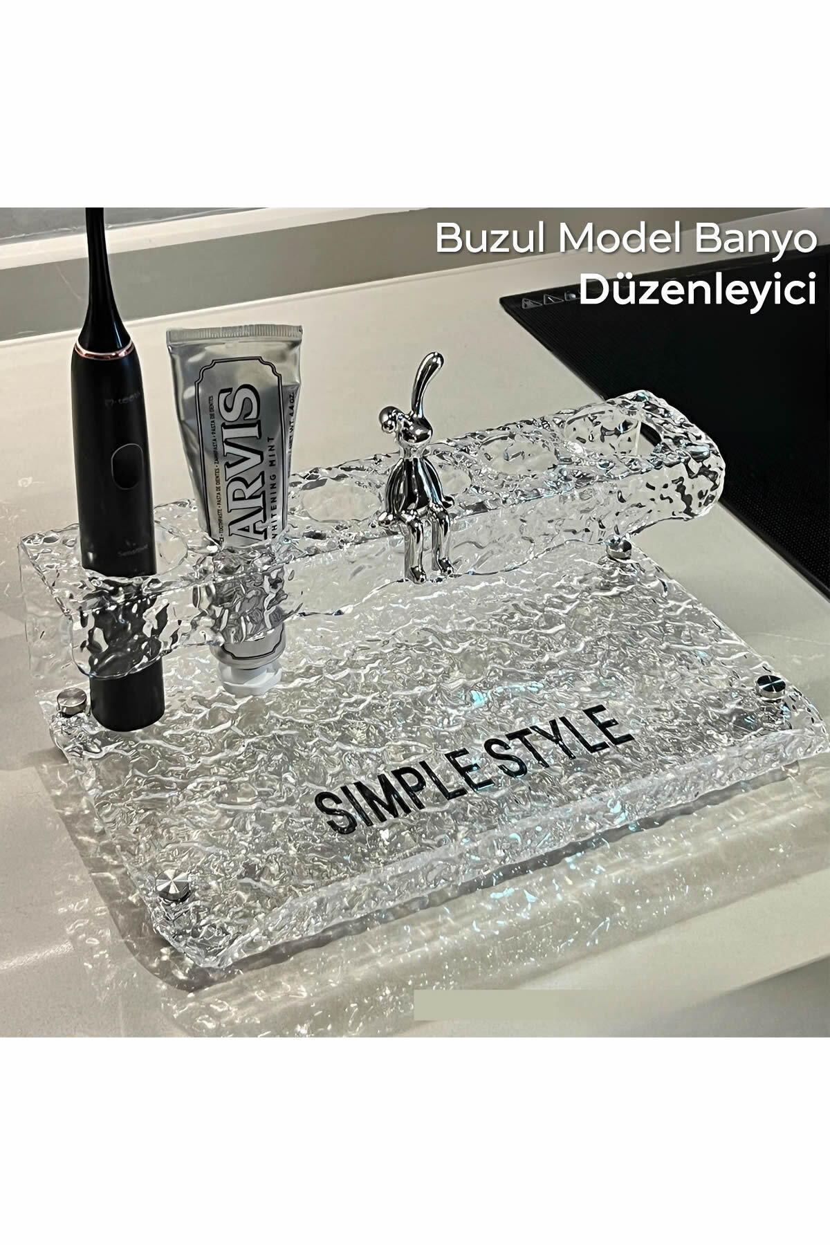 Transparent Bathroom Organizer Decorative Model with Broken Glass Pattern | 19x17x9 Cm