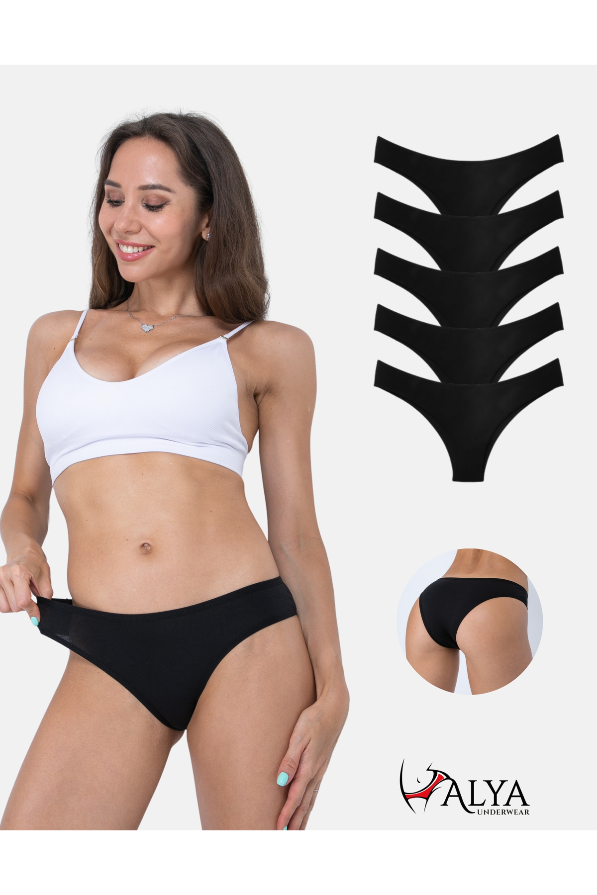 Women's Brazilian Panties, Cotton 5 Pieces (BLACK)