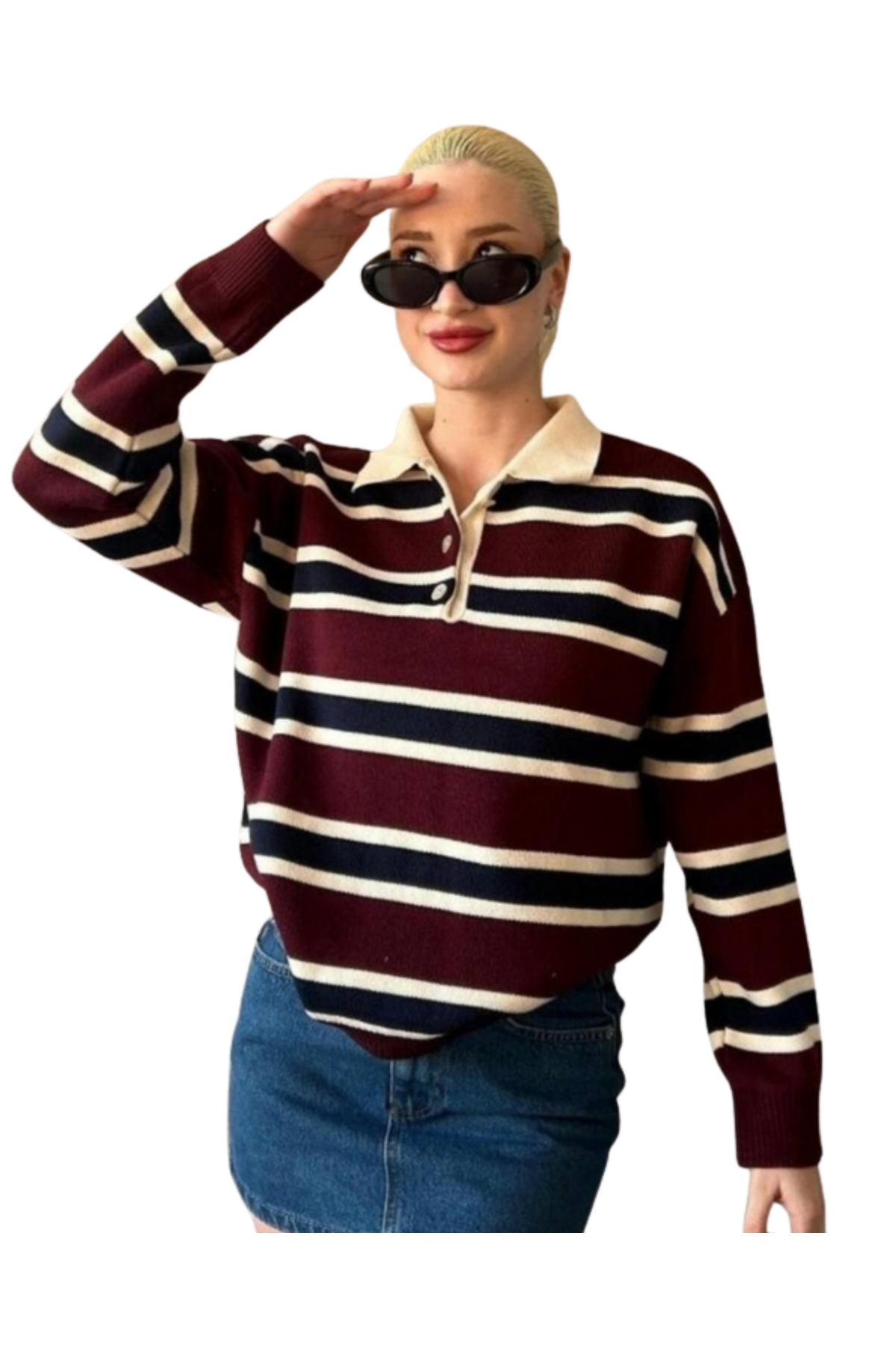 MODASPARK  Bordo Çizgili Polo Yaka Düğmeli Kadın Triko Kazak - Görsel 8