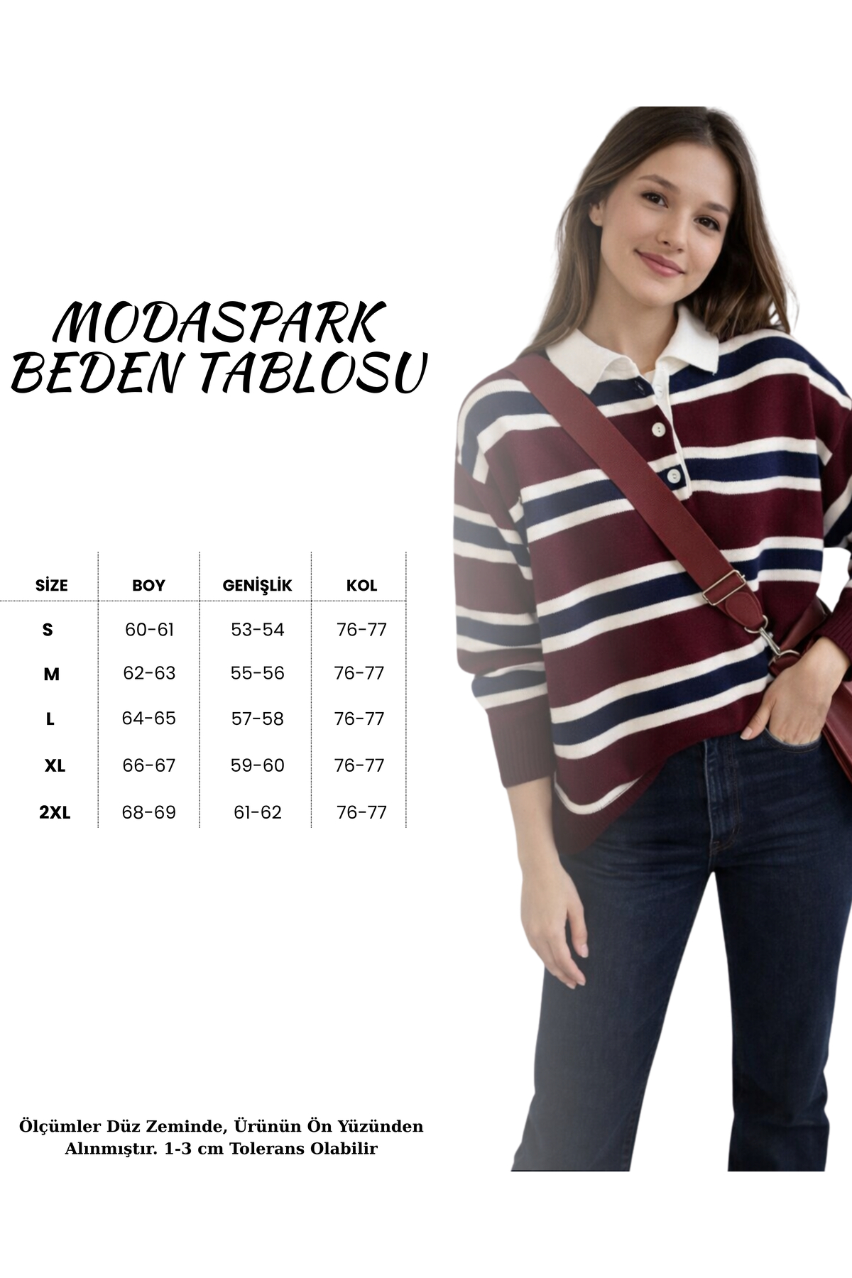 MODASPARK  Bordo Çizgili Polo Yaka Düğmeli Kadın Triko Kazak - Görsel 2