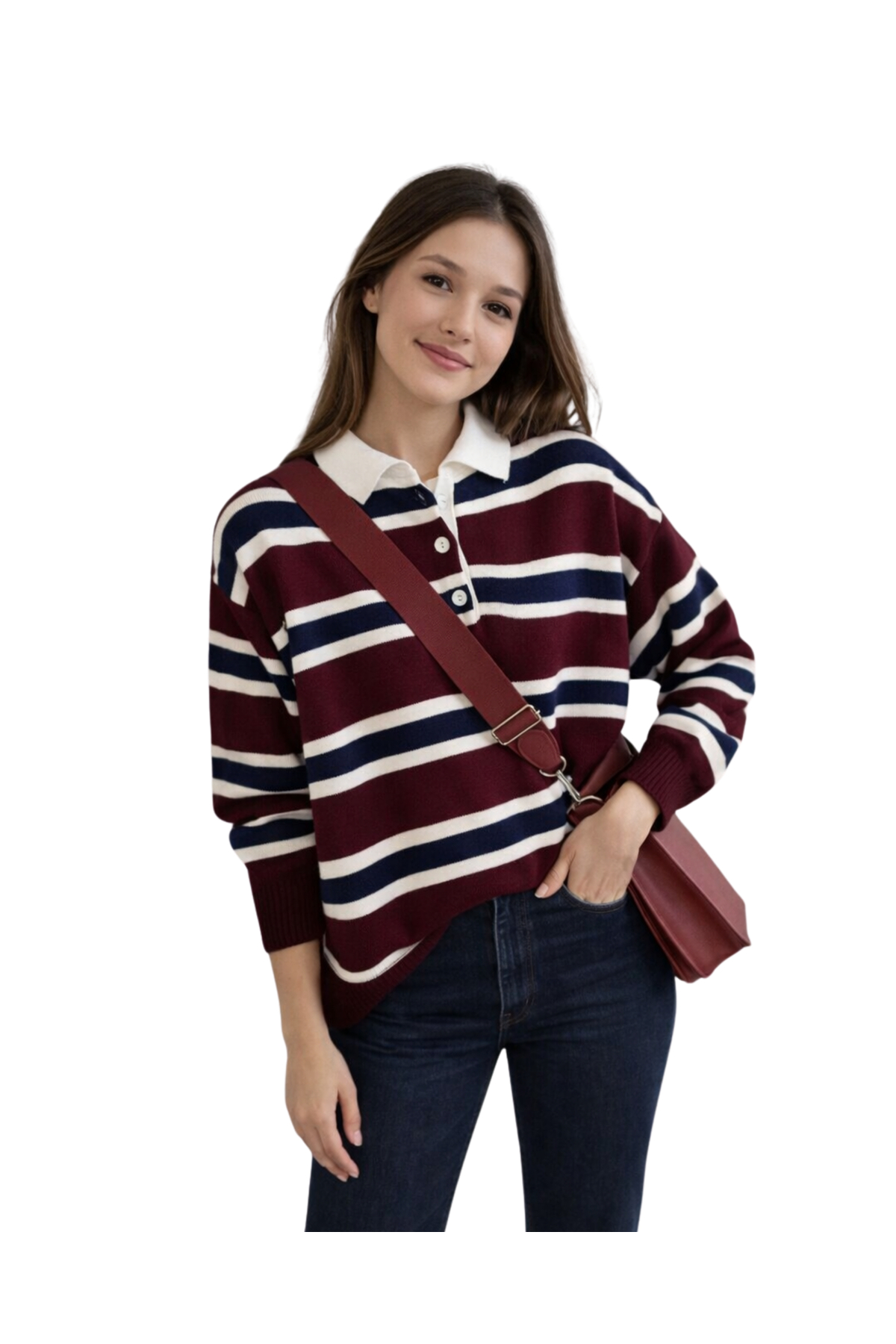 MODASPARK  Bordo Çizgili Polo Yaka Düğmeli Kadın Triko Kazak