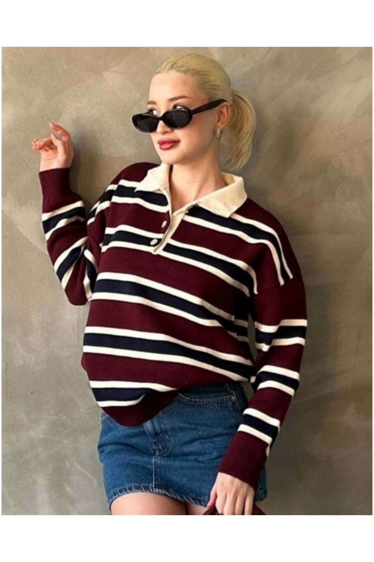 MODASPARK  Bordo Çizgili Polo Yaka Düğmeli Kadın Triko Kazak - Görsel 6