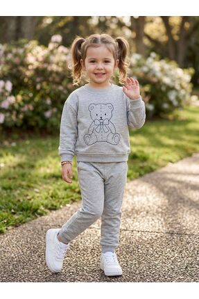 SANTA MİNO Kız Erkek Çocuk Nakış Desenli Şardonsuz Alt Üst Eşofman Takımı - K...