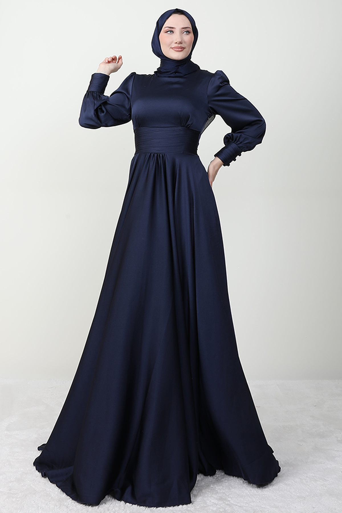 Pleated Waist Satin Evening Dress Navy Blue