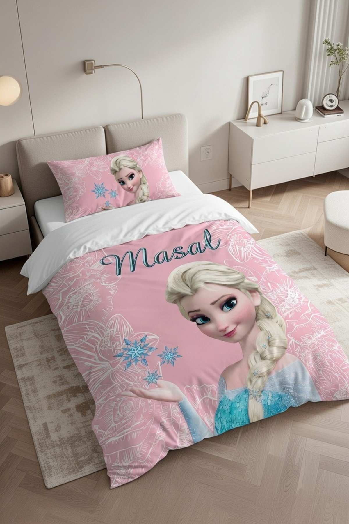 MEKTA HOME BEBEK VE ÇOCUK ODASI Motifli Elsa Desenli Pembe Nevresim Takımı fotoğrafı 4 (önizleme)