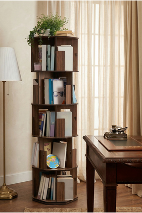 Vigo Wood 5 Katlı Döner Kitaplık | 360° Dönebilen, 100 Kitap Kapasiteli, Cevi...