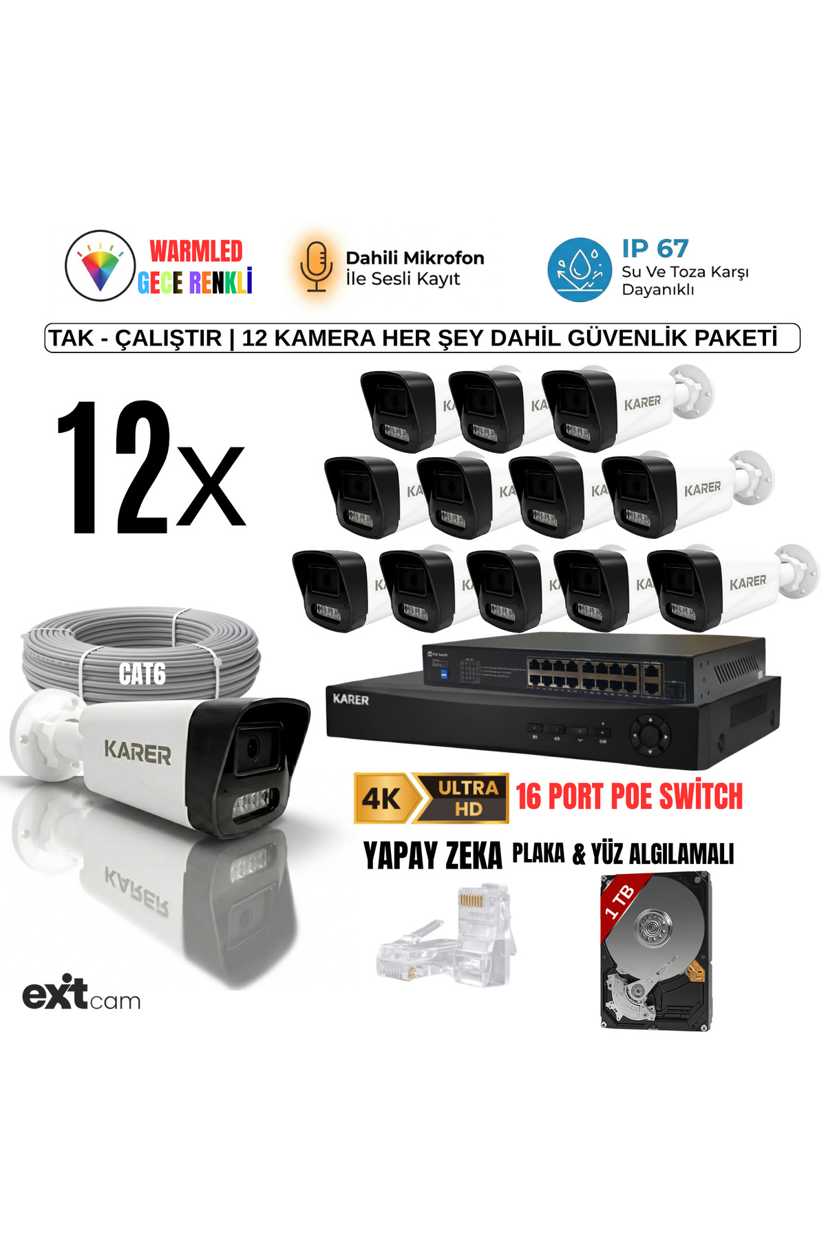 12'li IP KAMERA-POELİ-5MP-ULTRA HD-4K 1920 ÇÖZÜNÜRLÜK-SESLİ-GECE RENKLİ GÖRÜŞ-İNSAN ve PLAKA ALGILAM