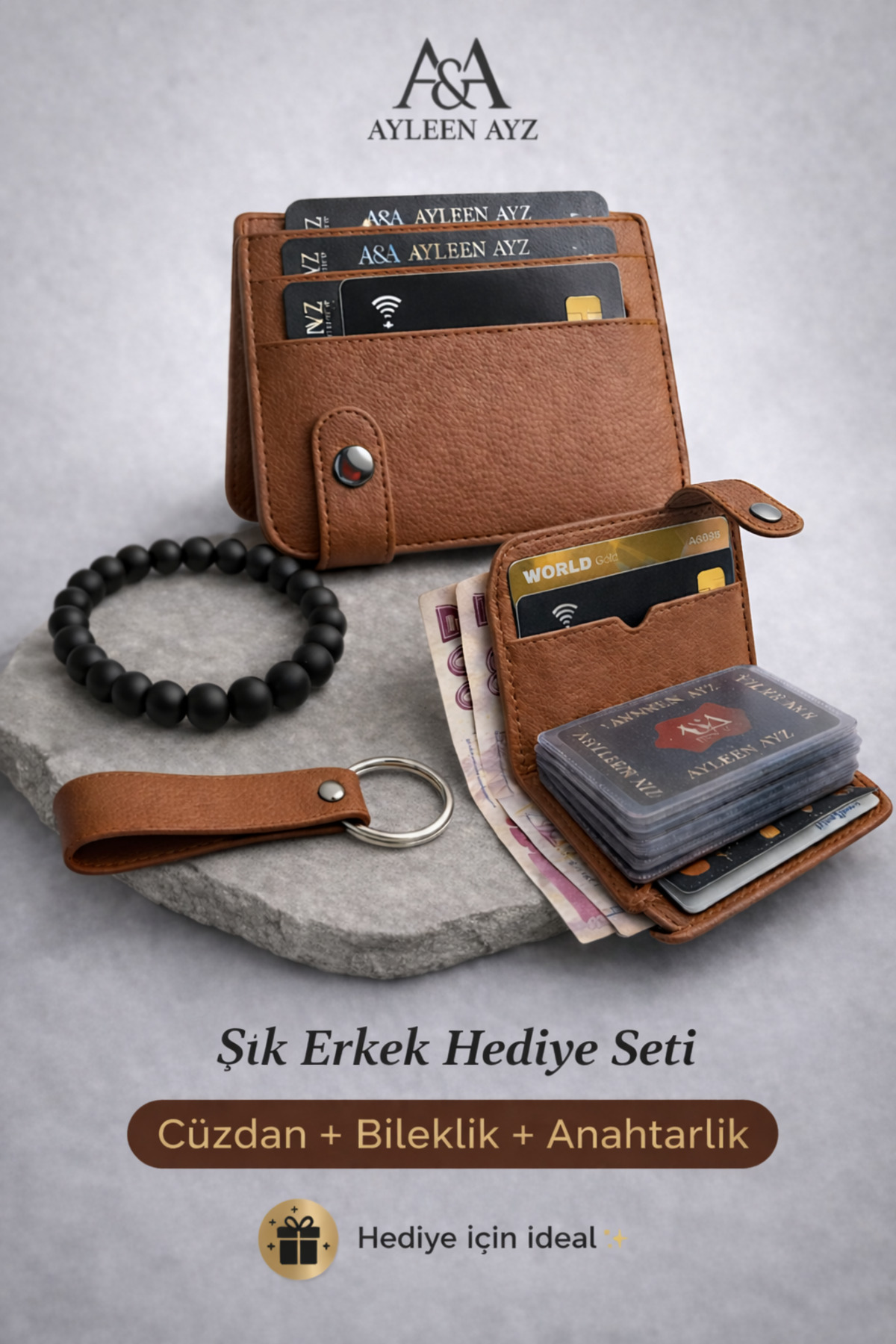 Men's Tan Card Holder Wallet Bracelet and Keychain Gift Set (with Gift Box)