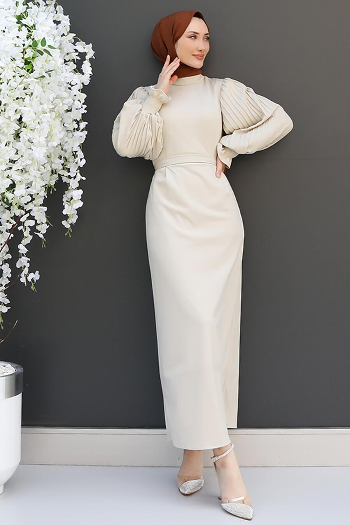 Pleated Sleeve Guipure Dress Beige