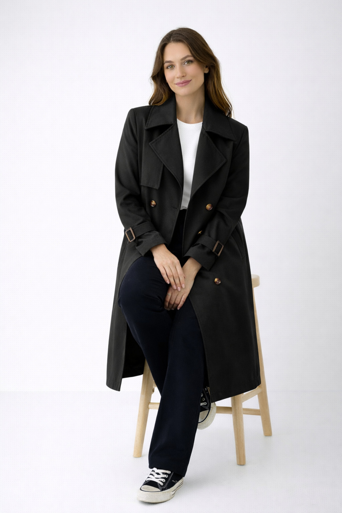 PENGORA  Kadın Siyah Uzun Trençkot Kuşaklı Düğmeli Kol Kemerli Su ve Rüzgar Geçirmez Şık Dış Giyim - Görsel 3