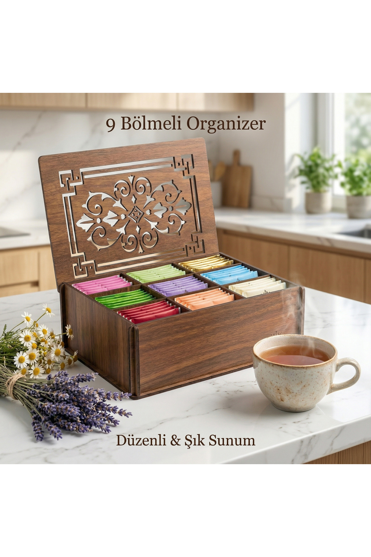 9 Compartment Wooden Tea Organizer Coffee Herbal Tea Box Kitchen Organizer with Lid