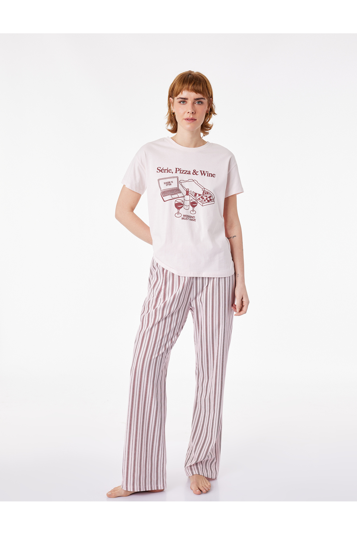 Koton Relaxed Fit Short Sleeve Crew Neck Pajama Set